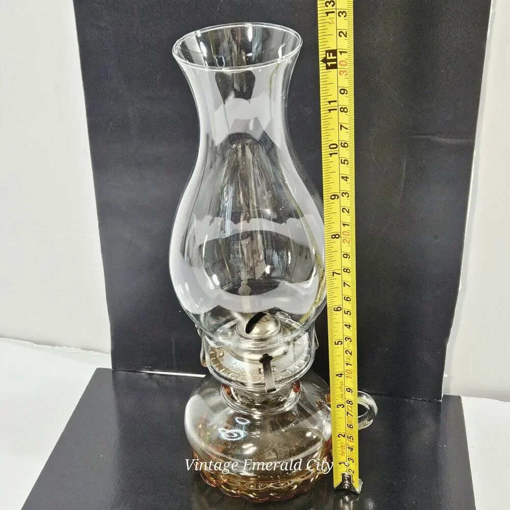 Vtg Miniature Amber Adjustable Wick Glass Oil Lamp China Hong Kong With Chimney